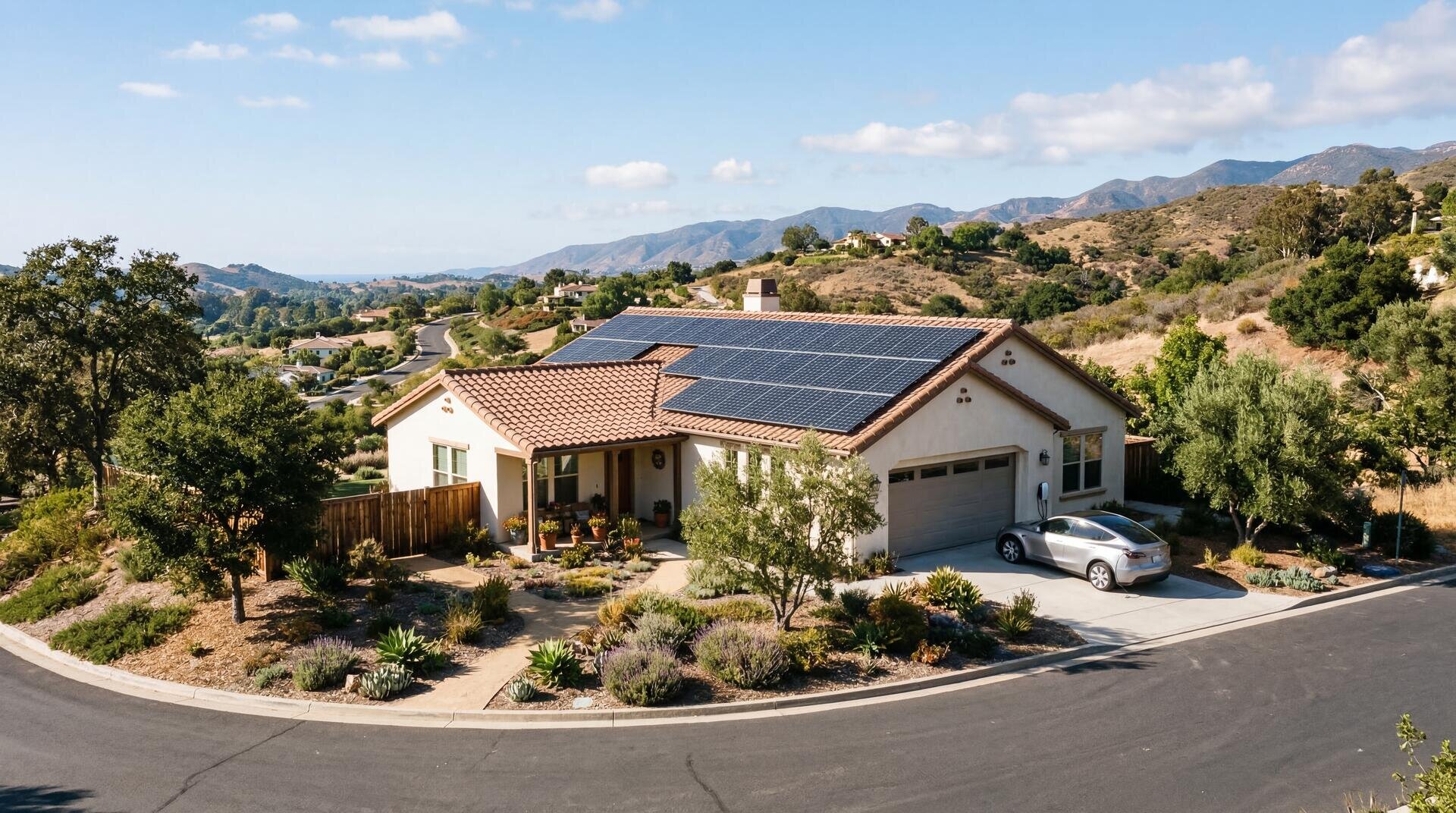 Beautiful California hillside home with solar panels and Tesla EV parked in driveway