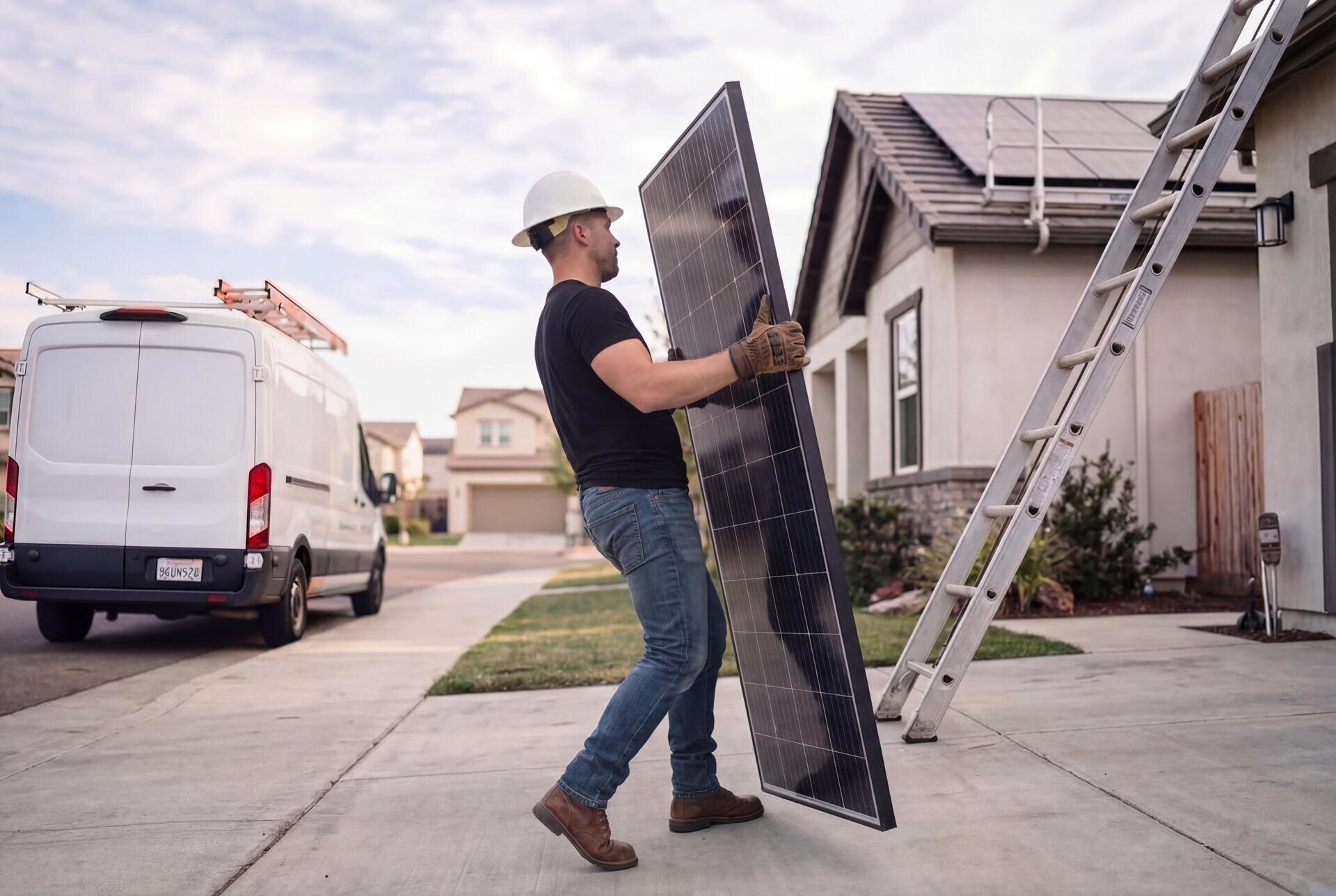 California home with solar panels on the roof under a bright blue sky