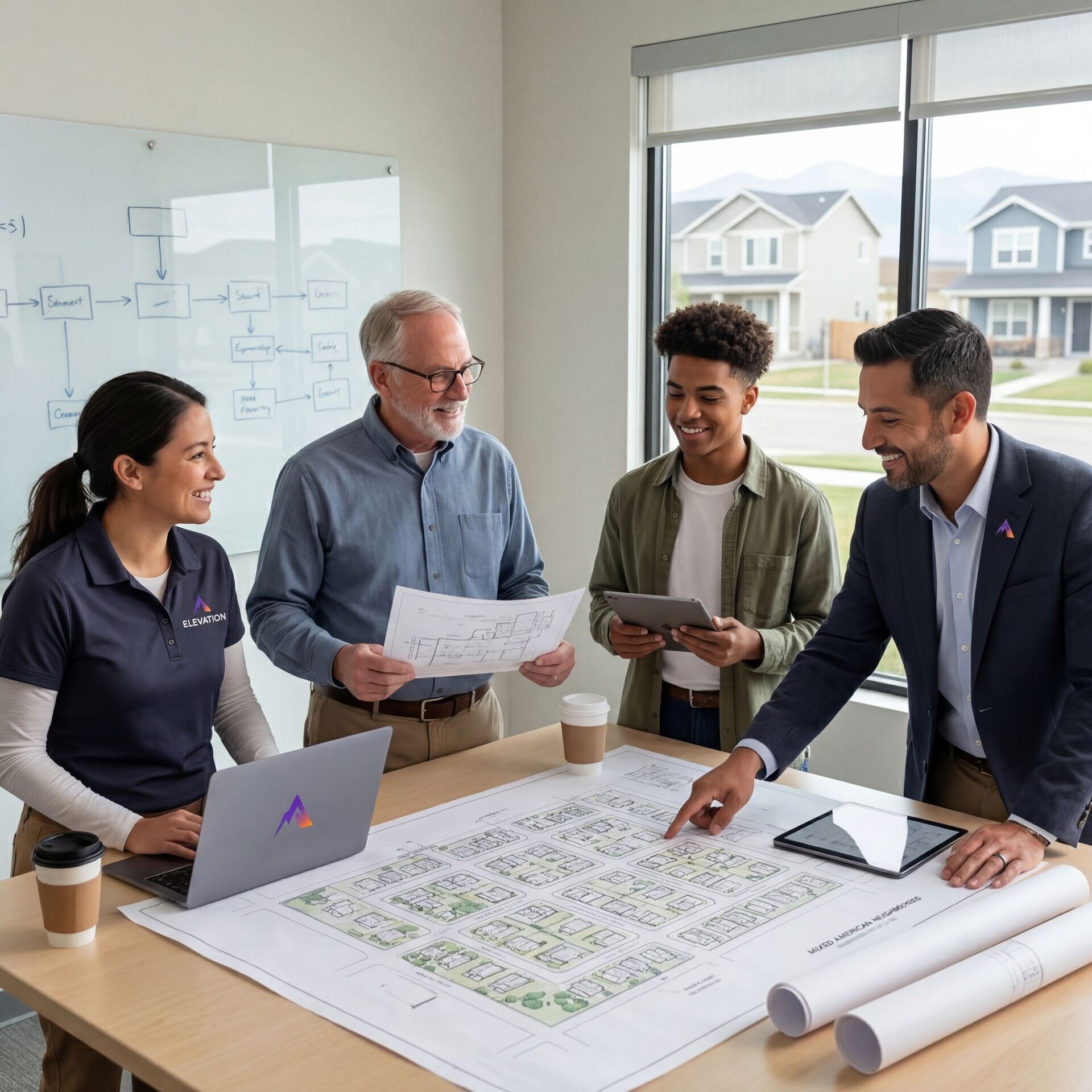 Elevation Energy team installing solar panels and collaborating in the office