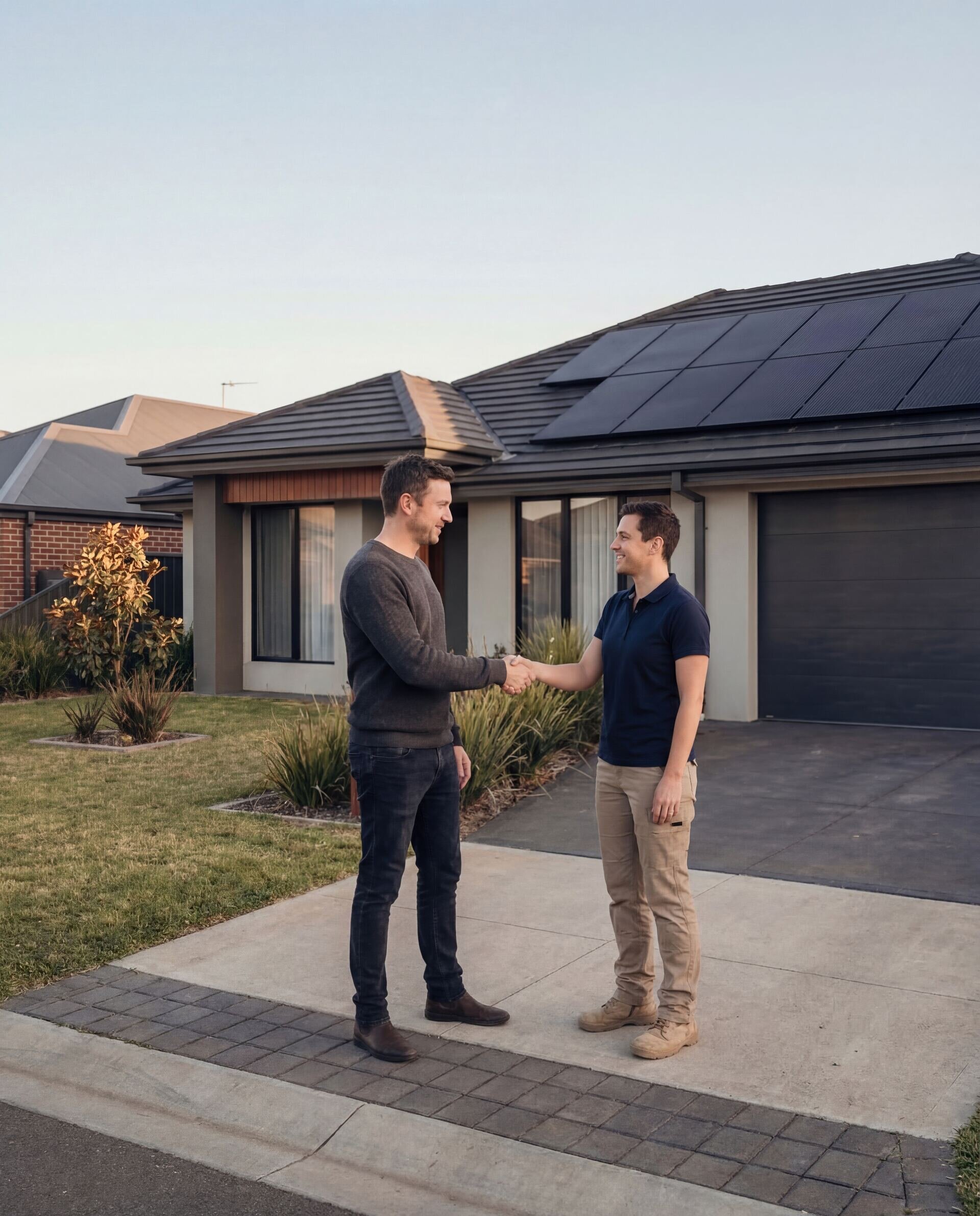Certified solar installer shaking hands with homeowner family after quality installation