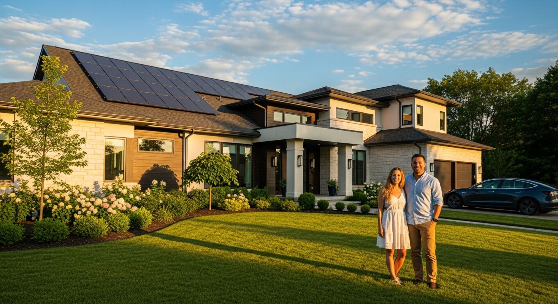 Happy couple at their modern solar-powered home at golden hour