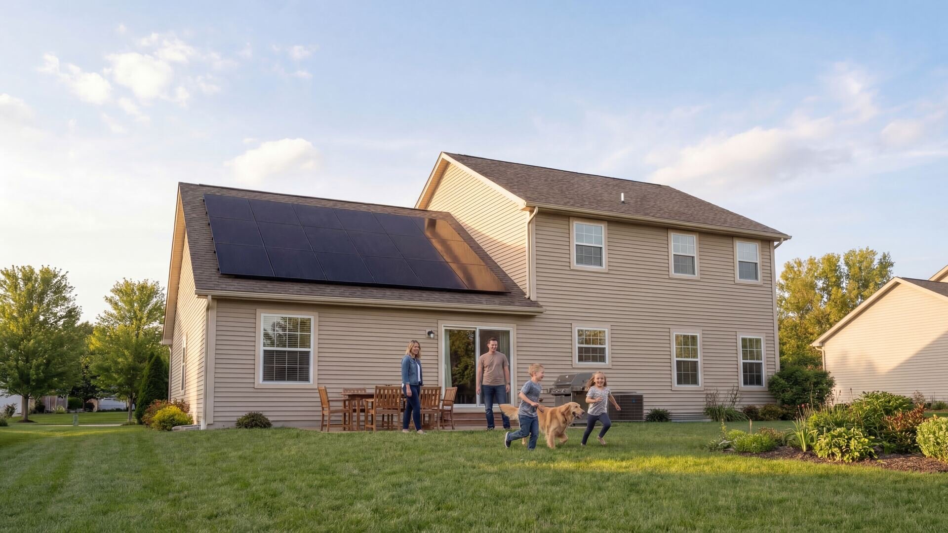 American family enjoying their solar-powered home