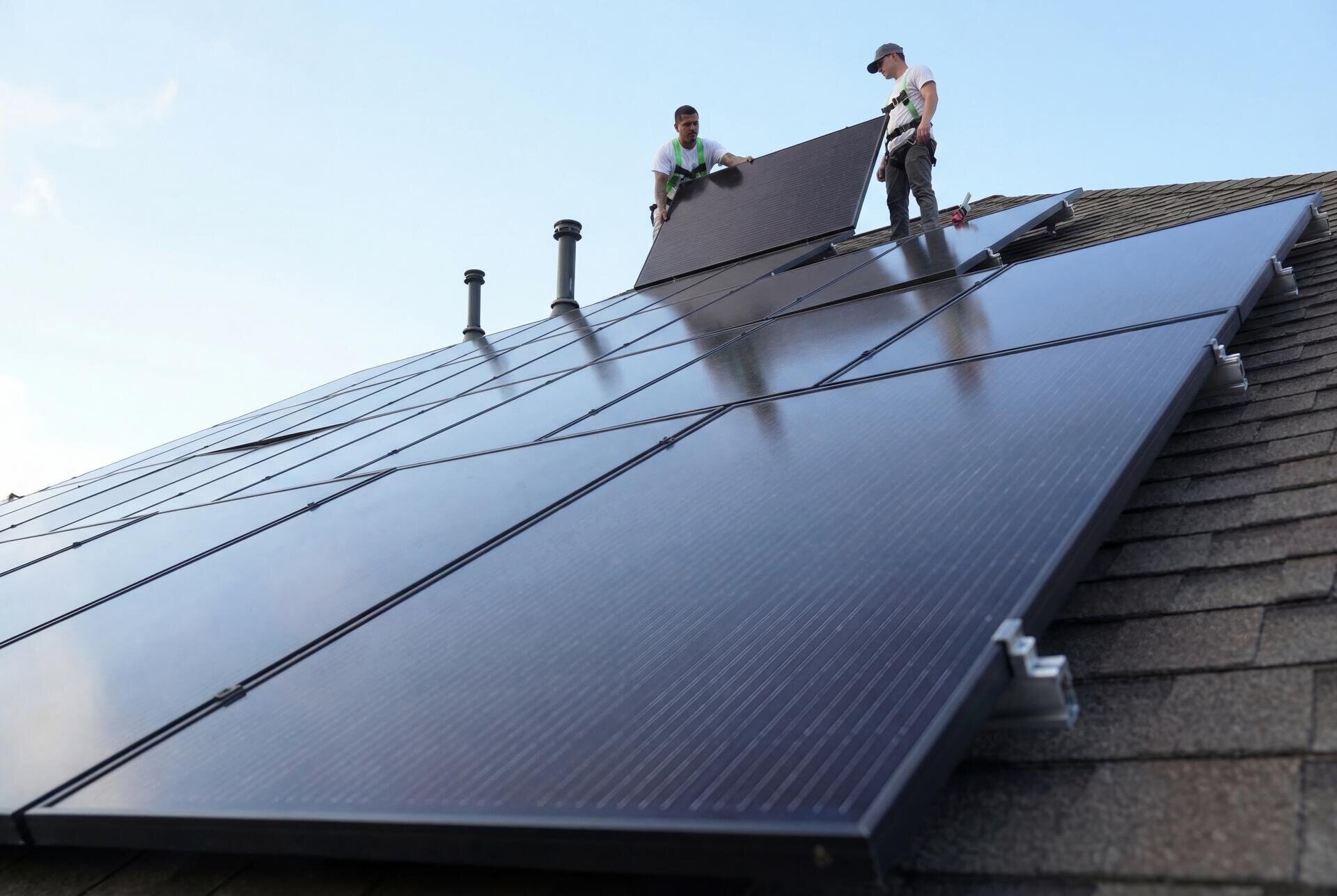 Solar technicians installing panels on a residential rooftop