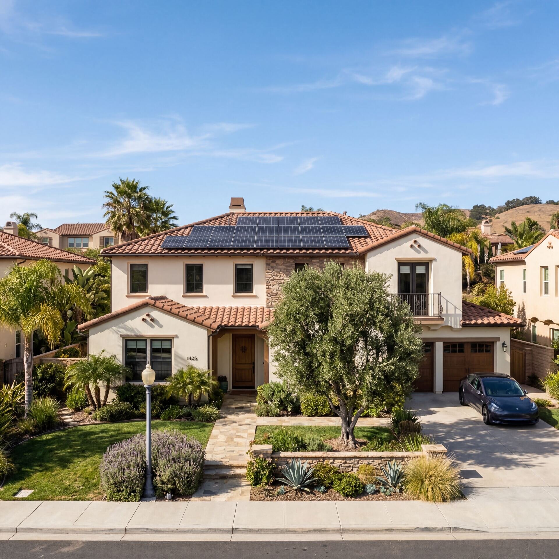 Beautiful California home with solar panels on the roof