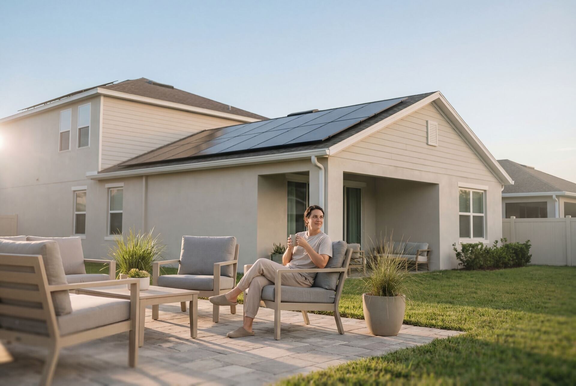 Happy family outside their solar home, protected from rising energy costs