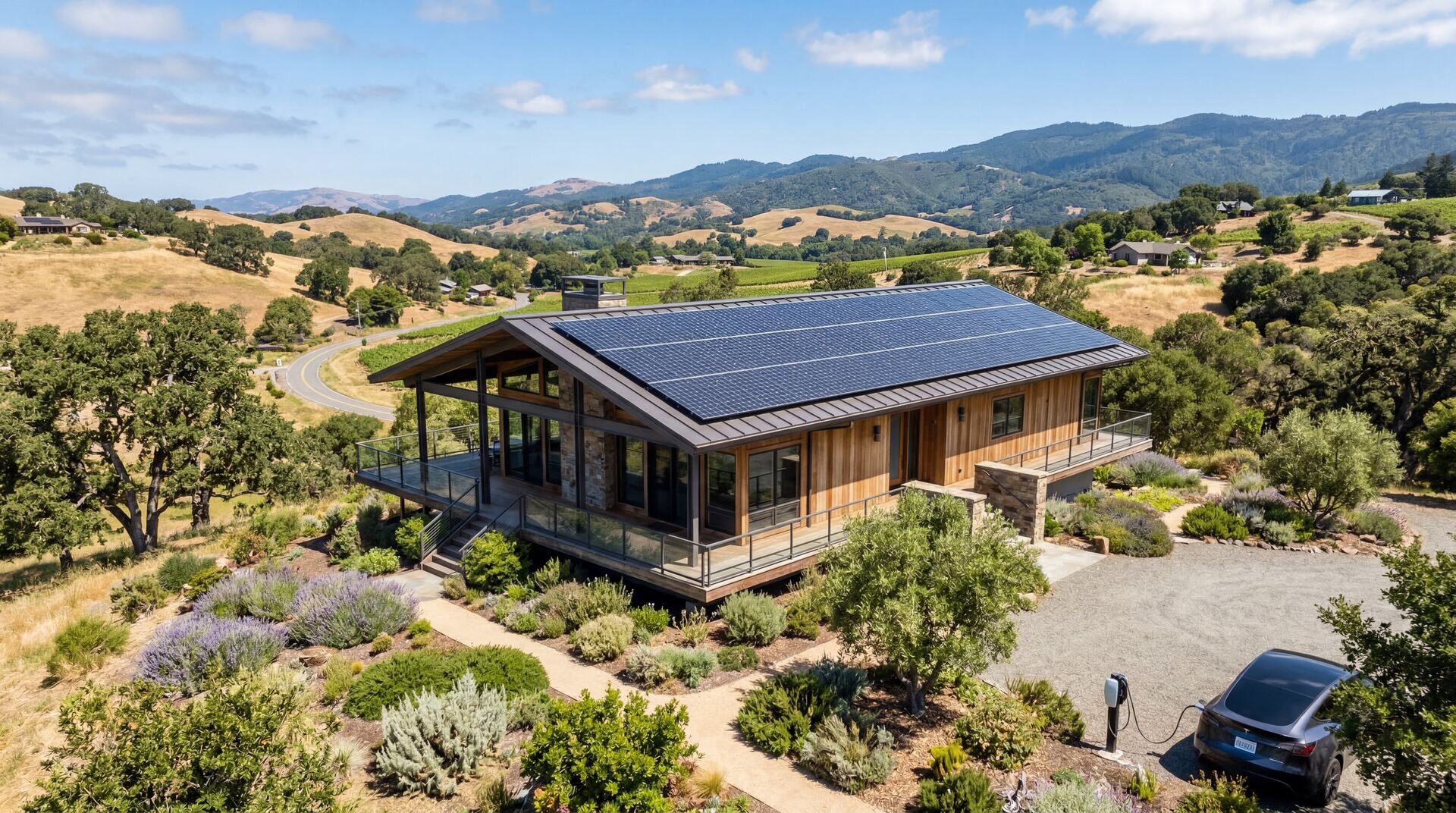 Aerial view of a solar-powered home in the California hills